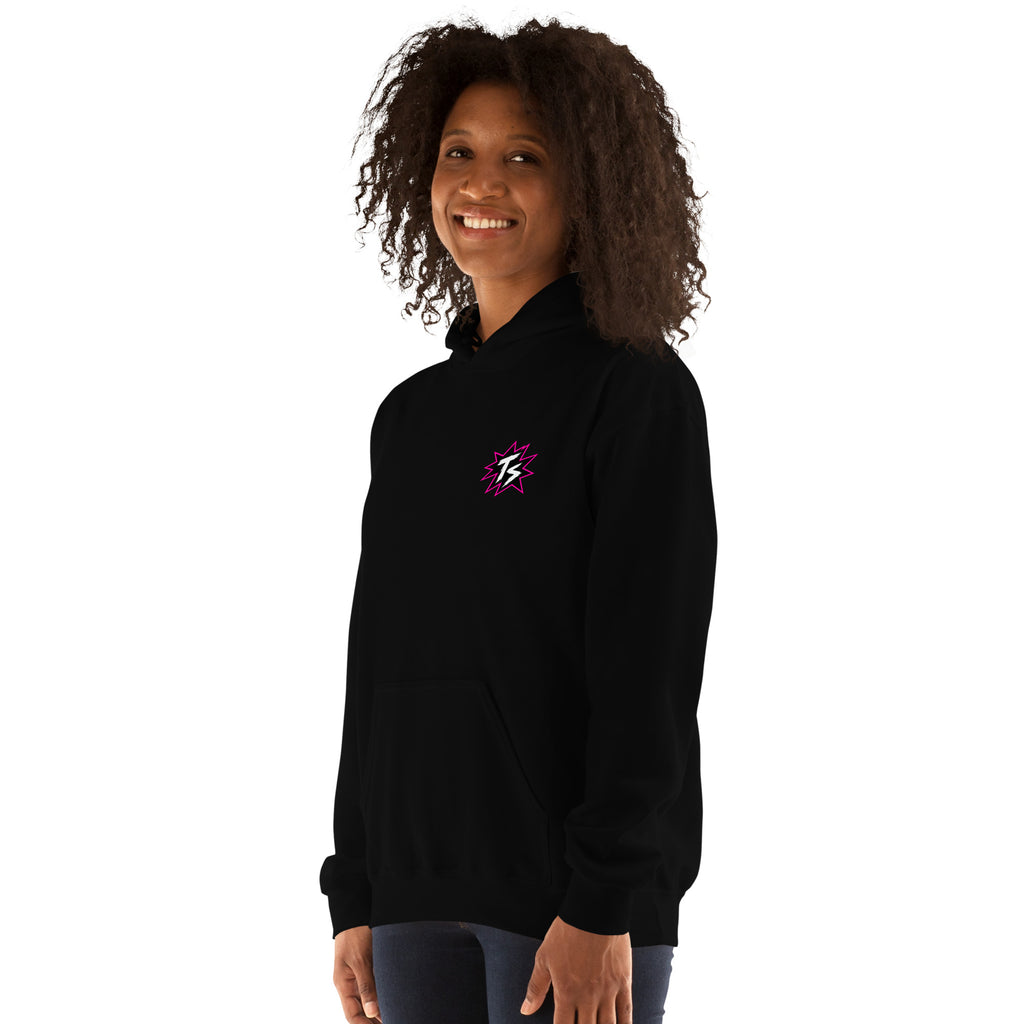Thrill Sneakers Unisex Hoodie – Black — angled front view