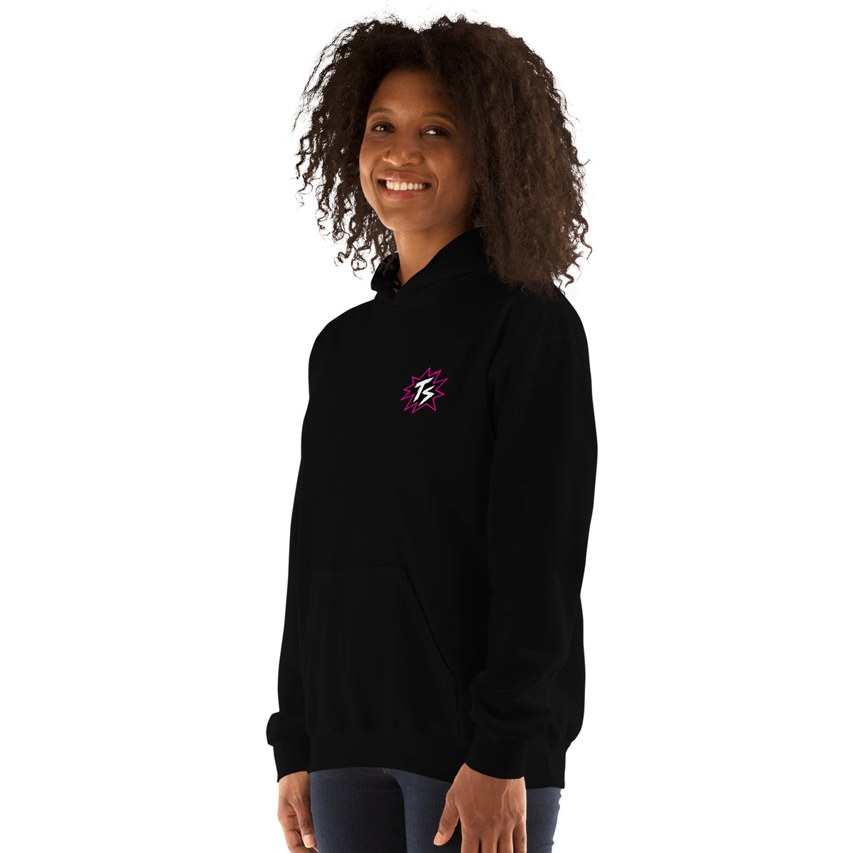 Thrill Sneakers Unisex Hoodie – Black — angled front view