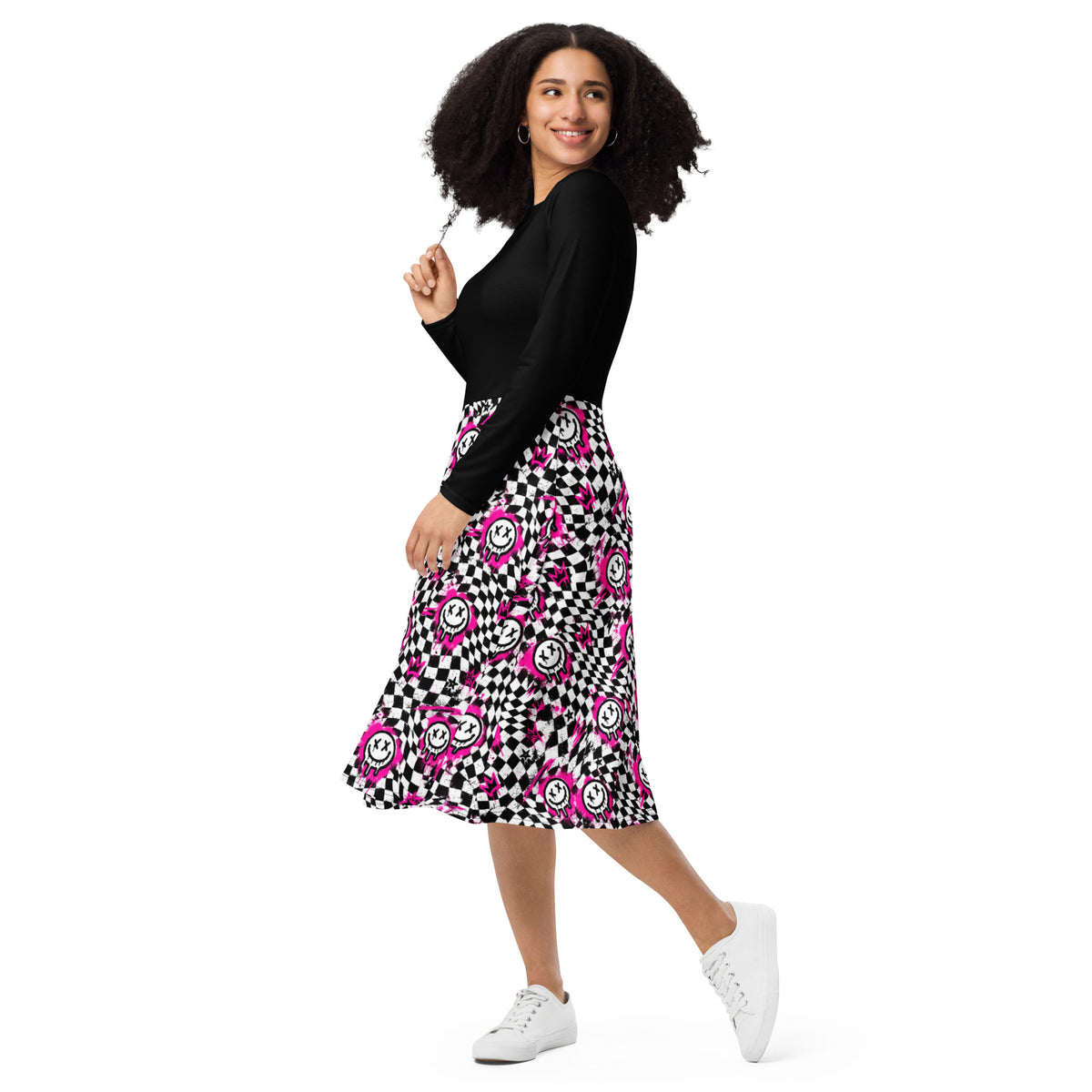 Checkmate Long Sleeve Midi Dress — angled front view