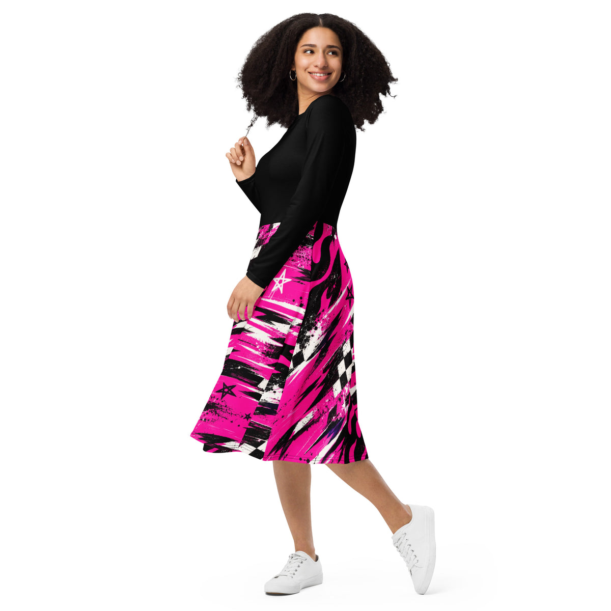 Pink Riot Long Sleeve Midi Dress — angled front view