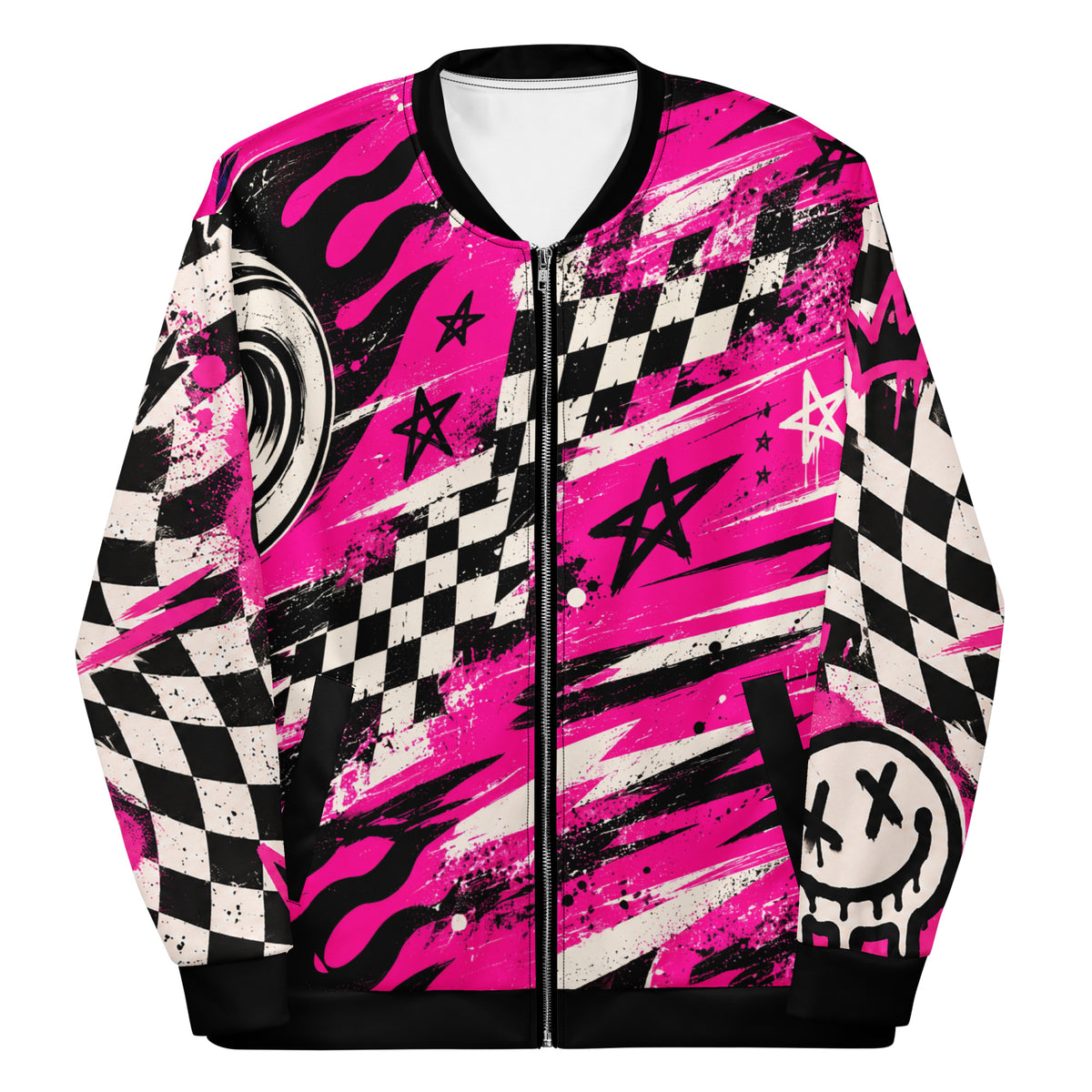 Pink Riot Unisex Bomber Jacket — front view