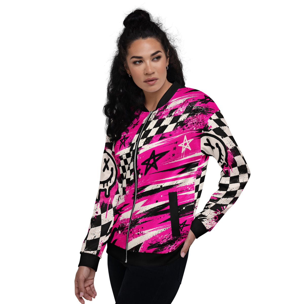 Pink Riot Unisex Bomber Jacket — side view