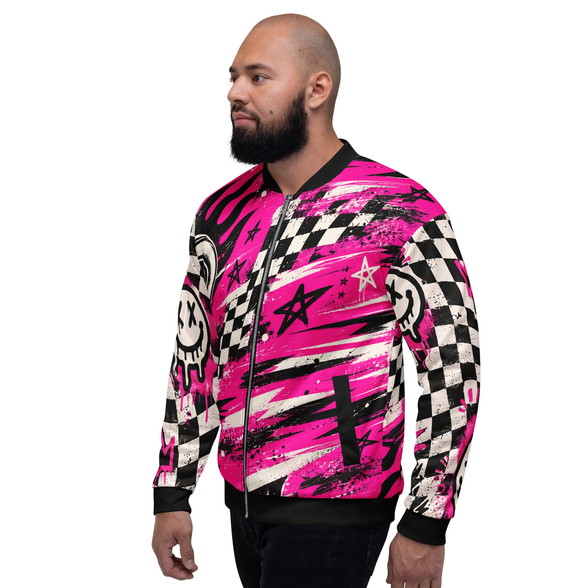 Pink Riot Unisex Bomber Jacket — side view