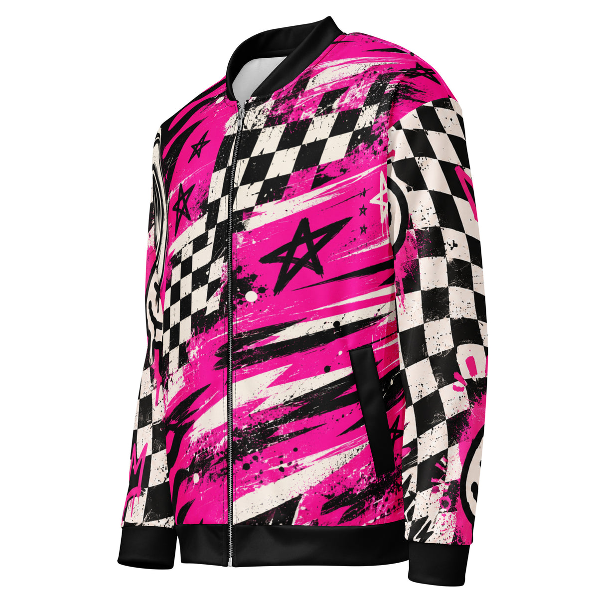 Pink Riot Unisex Bomber Jacket — angled front view