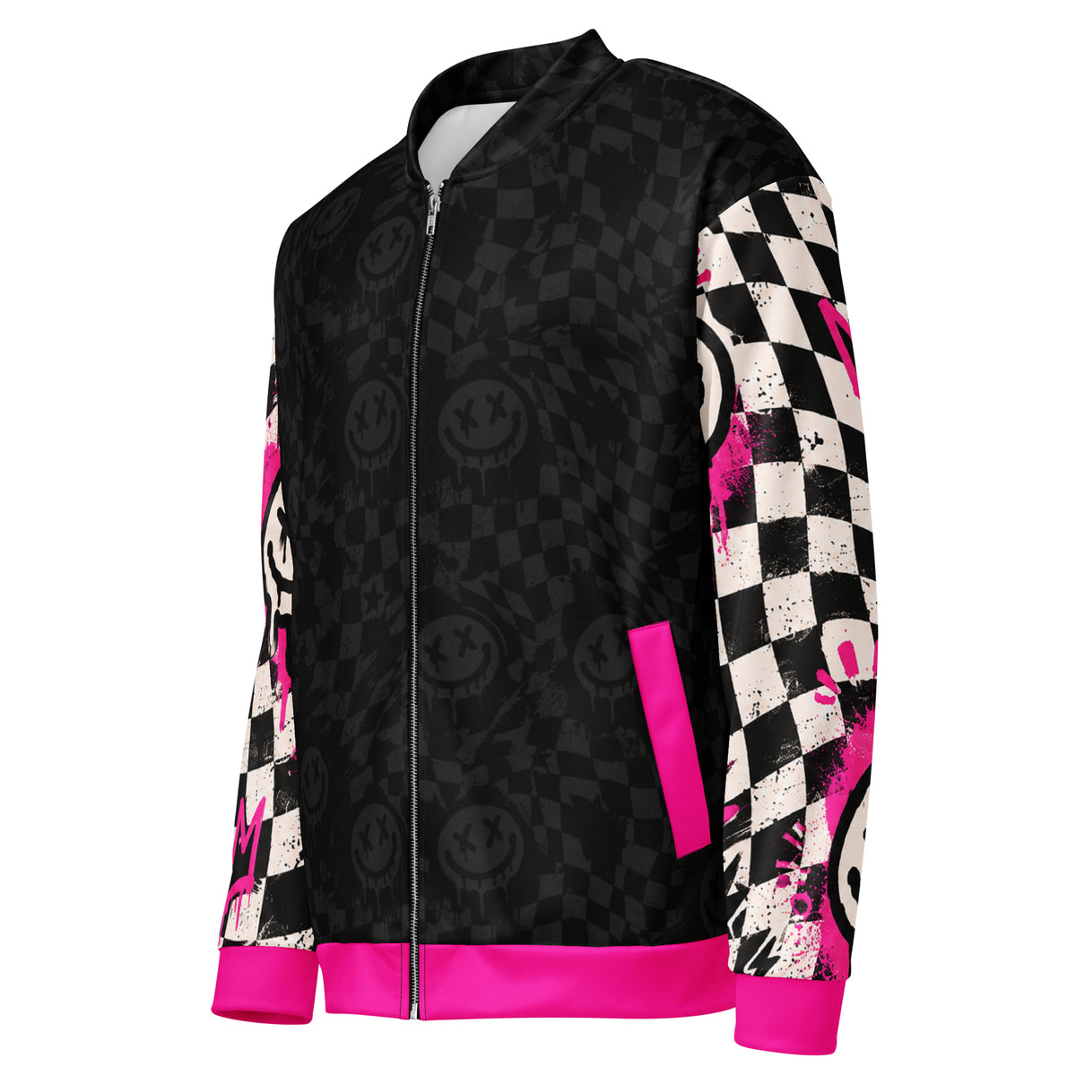 Dead Happy Unisex Bomber Jacket — angled front view