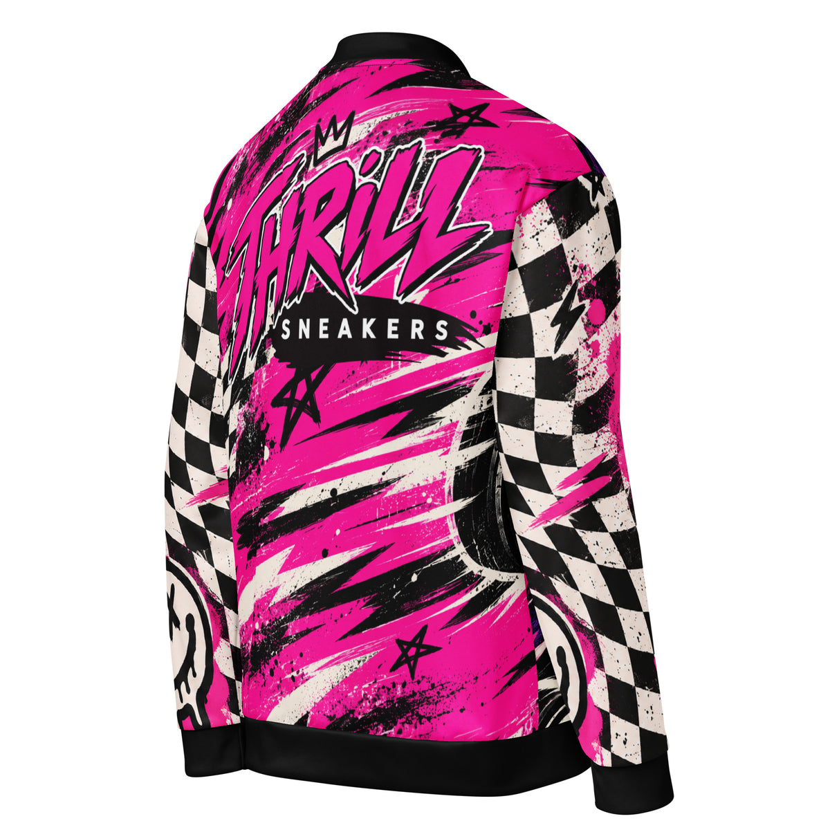 Pink Riot Unisex Bomber Jacket — angled back view