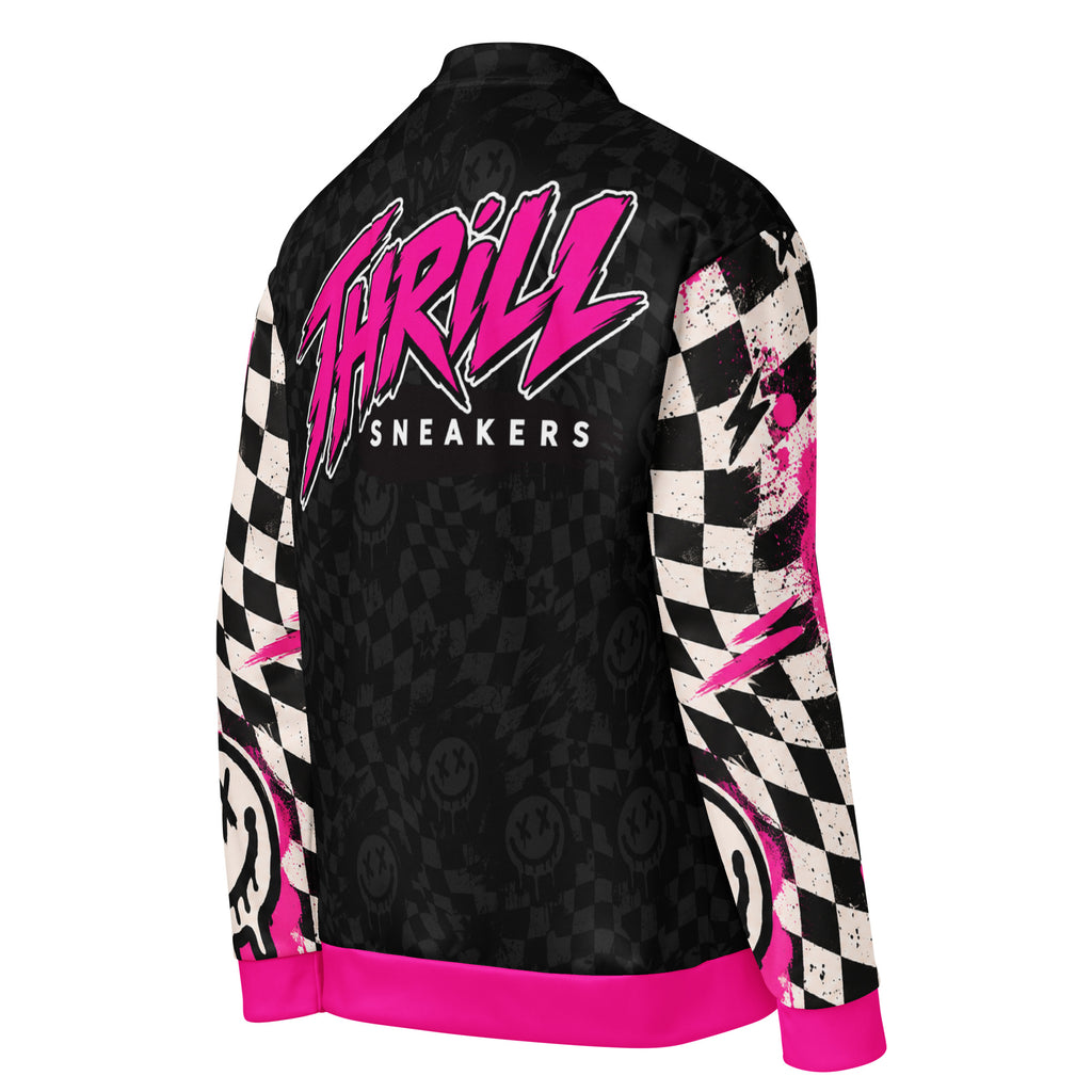 Dead Happy Unisex Bomber Jacket — angled back view