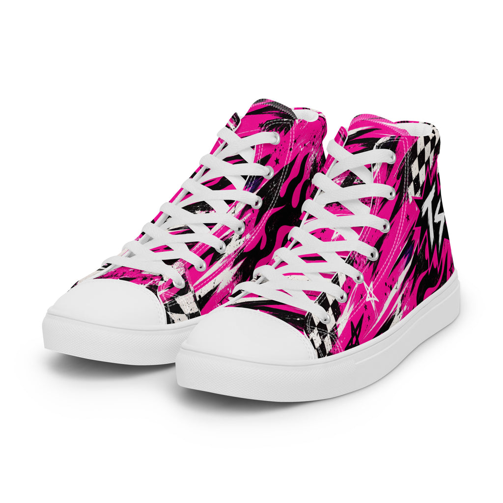Pink Riot Men’s High Tops — angled front view