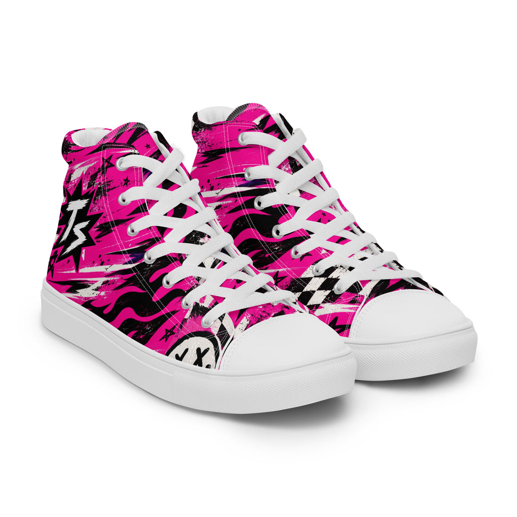 Pink Riot Men’s High Tops — angled front view
