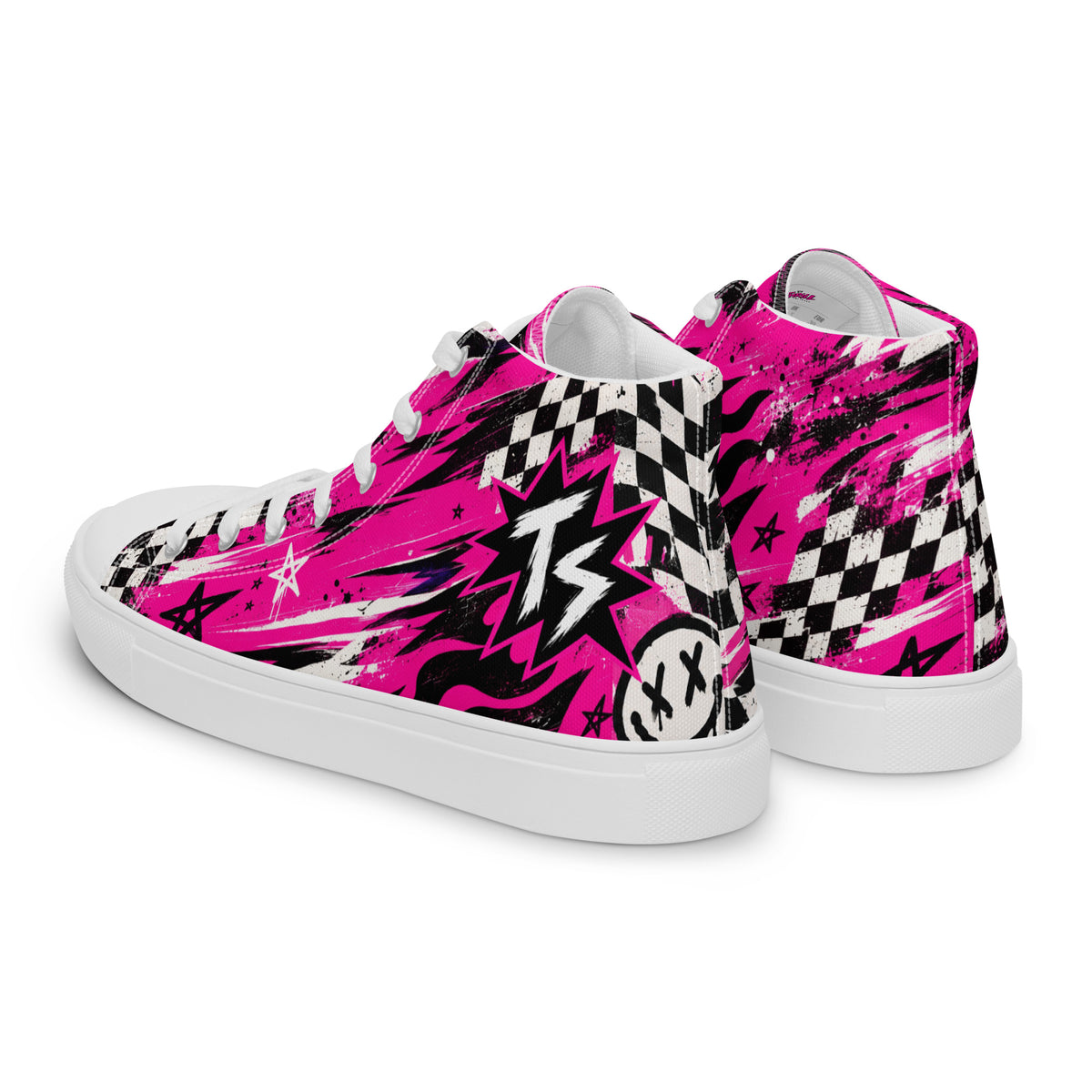 Pink Riot Women’s High Tops — angled back view